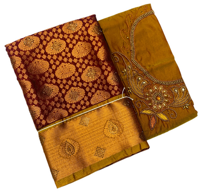 Bridal Vegan Silk Saree Brown shade with Mustard Border with Unstitched blouse in Aari work