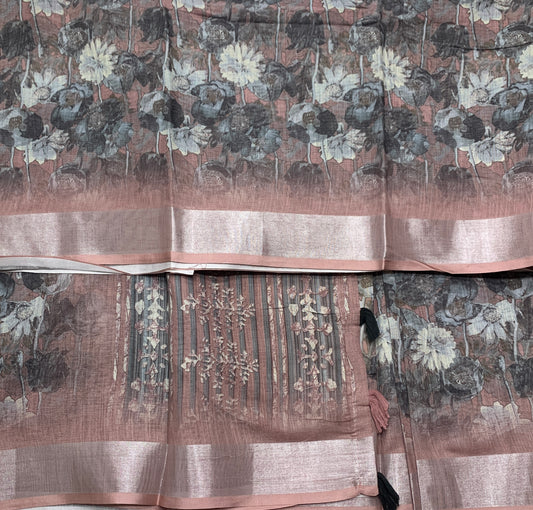 Jute Cotton Saree Brown and Block Colour with Thread Border