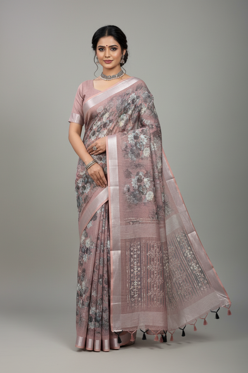 Jute Cotton Saree Brown and Block Colour with Thread Border