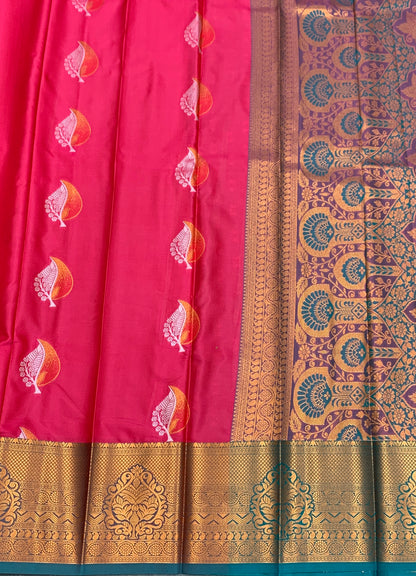 Soft Silk Casual Saree Tomato Pink Colour with Rama Green Colour Border