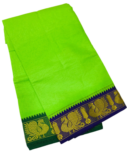 9X5 Cotton Dhoti Apple Green Colour with Blue and Green Border