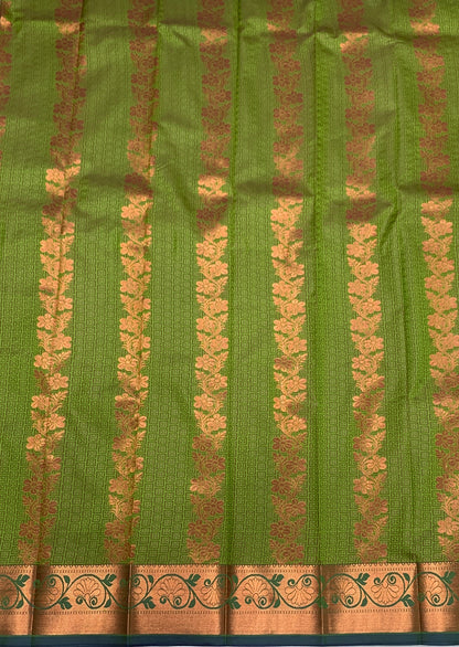 Vegan Silk Saree Olive Green Colour with Copper and Blue Border