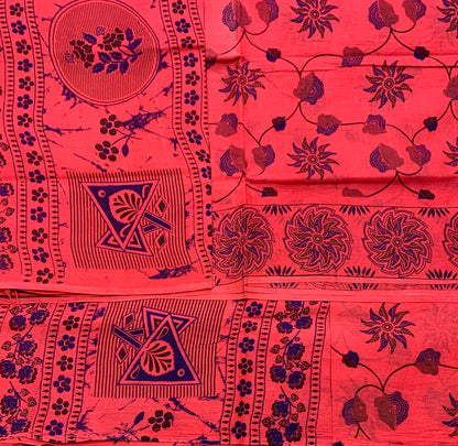 Chettinad Sungudi Cotton Tomato Pink Colour with Floral Design