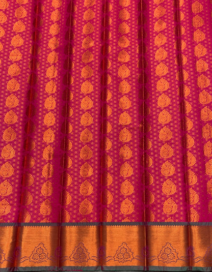 Vegan Silk Saree Pink Colour with Green and Copper Border