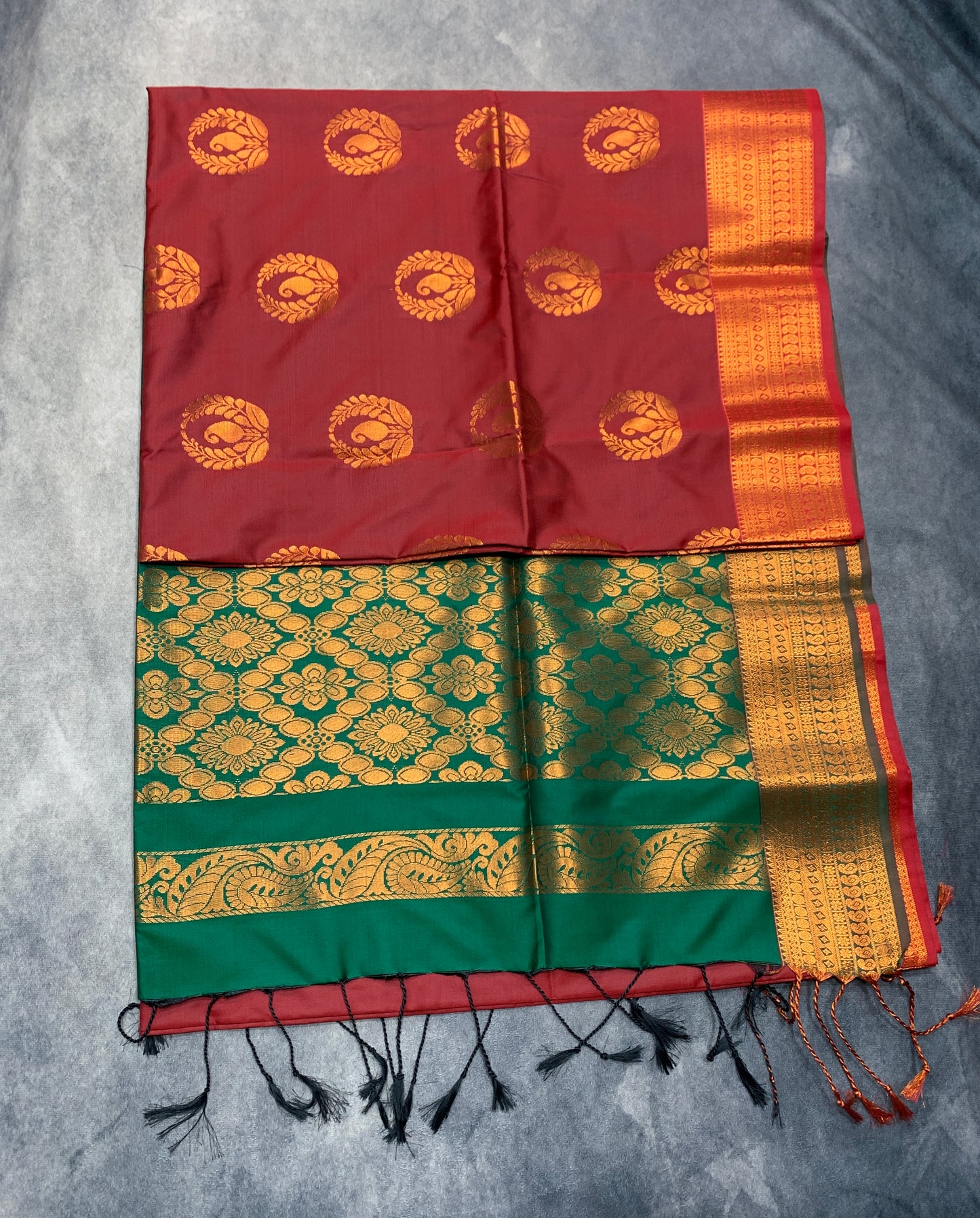 Soft Vegan Silk Saree Maroon Colour with Green and Copper Border