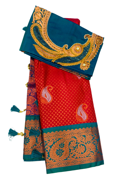 Bridal Vegan Silk Saree Red shade with Rama Blue Border with Unstitched blouse in Aari work