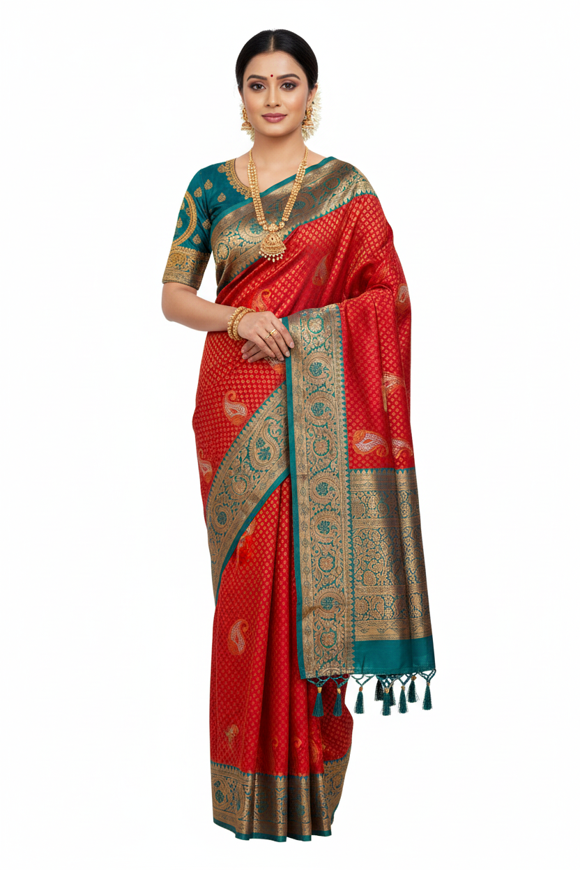 Bridal Vegan Silk Saree Red shade with Rama Blue Border with Unstitched blouse in Aari work