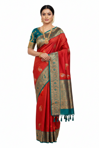 Bridal Vegan Silk Saree Red shade with Rama Blue Border with Unstitched blouse in Aari work