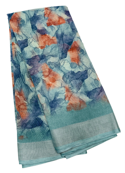 Jute Cotton Saree Peacock Blue Shade with Thread Border