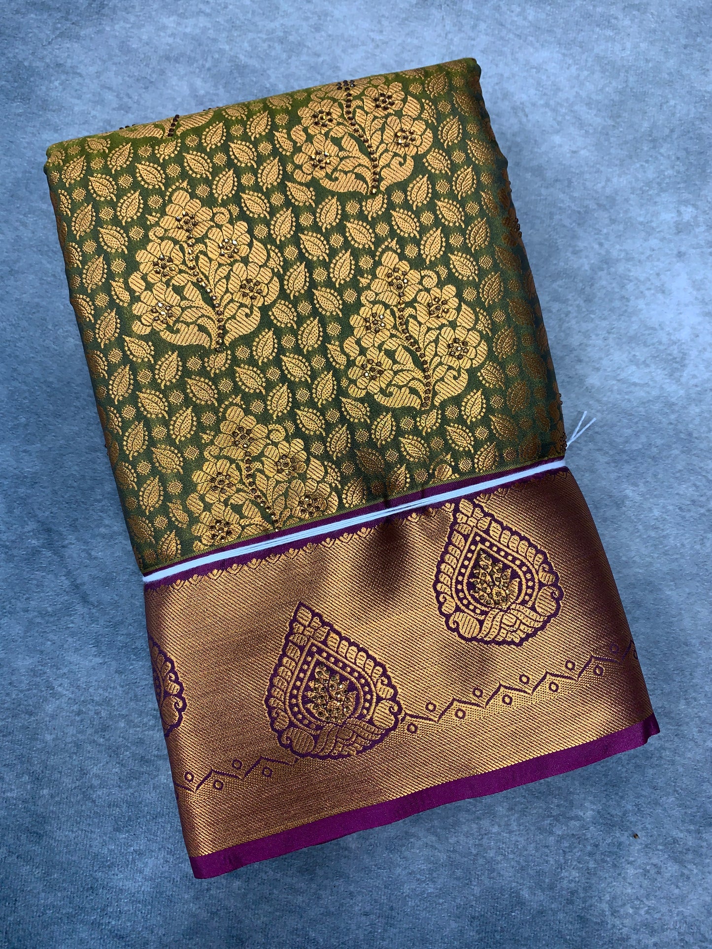 Vegan Silk Saree Olive Green Colour with Copper and Magenta Border