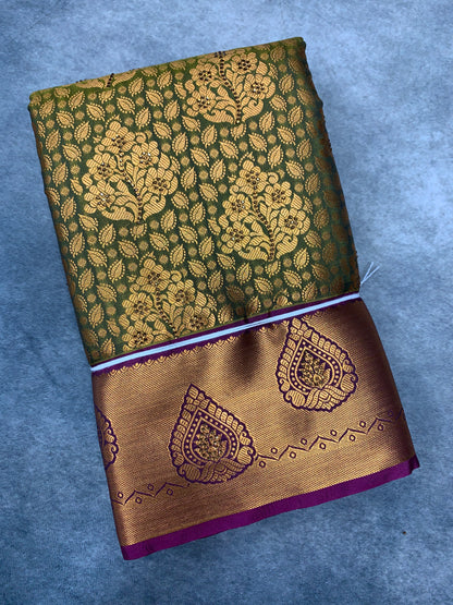 Vegan Silk Saree Olive Green Colour with Copper and Magenta Border