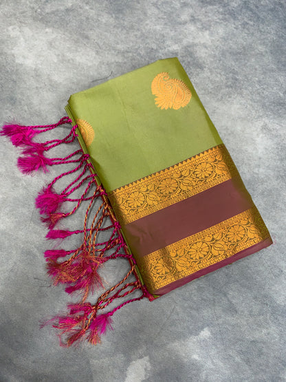 Soft Vegan Silk Saree Pista Green Colour with Rettai Pettu Border