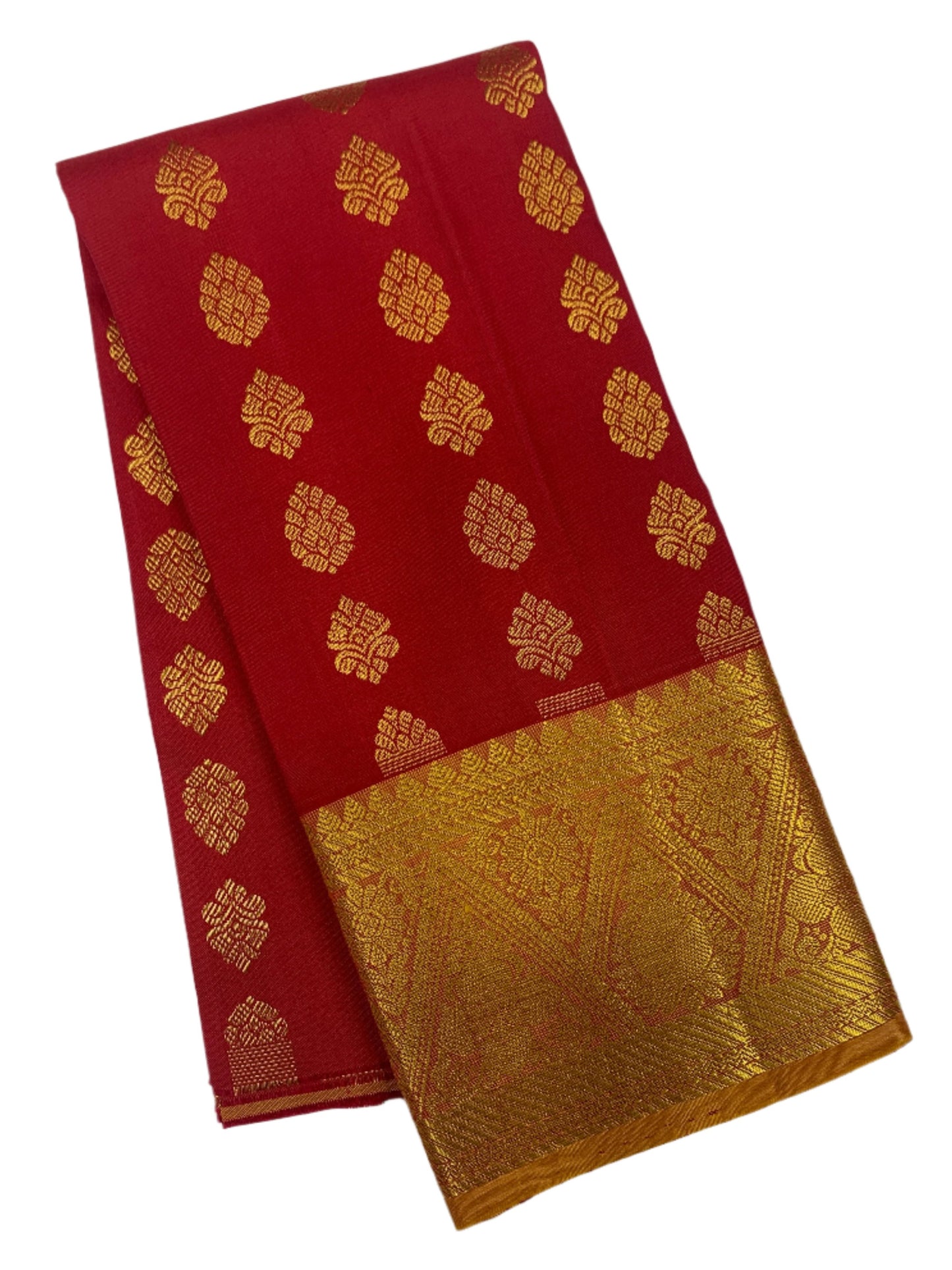 Red shade Pure kanchipuram Kids Pattu Pavadai with contrast border for newborn to 2 Years