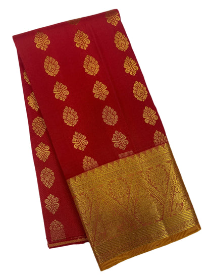 Red shade Pure kanchipuram Kids Pattu Pavadai with contrast border for newborn to 2 Years