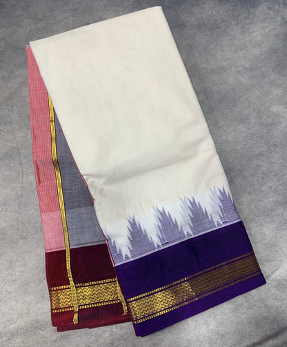 9X5 Korvai Cotton Dhoti Half White Colour Violet and Maroon Colour Border