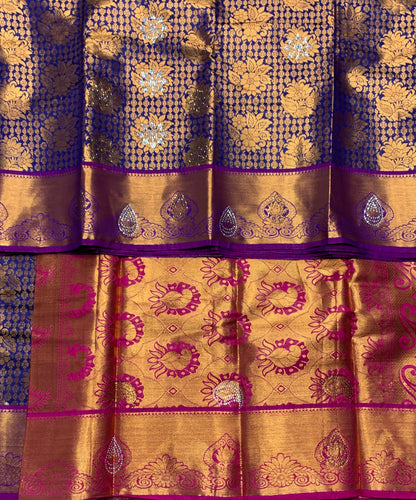 Vegan Silk Saree Blue Colour with Copper and Magenta Border