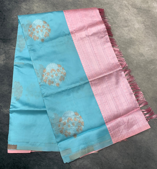 Paper Silk Saree Sky Blue Colour with Baby Pink Colour Shade Border