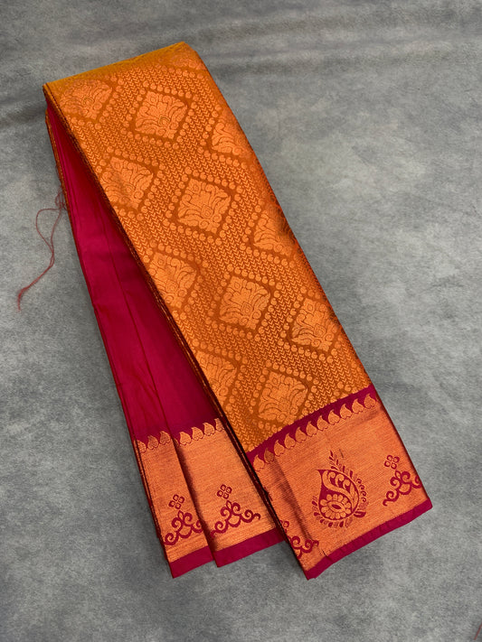 Vegan Silk Saree Golden Yellow Colour with Pink and Copper Border