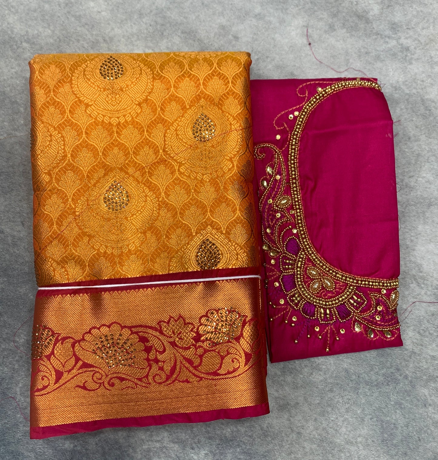 Bridal Vegan Silk Saree Golden Yellow shade with Pink Border with Unstitched blouse in Aari Work