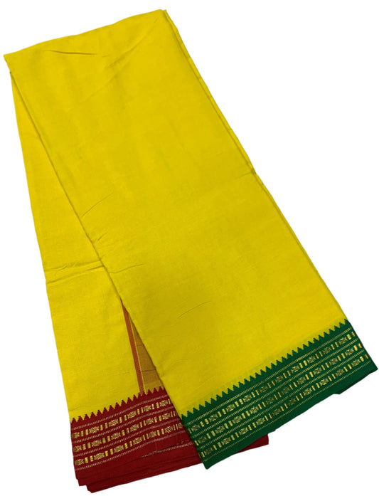 9X5 Cotton Dhoti Yellow Colour with Green and Red Border