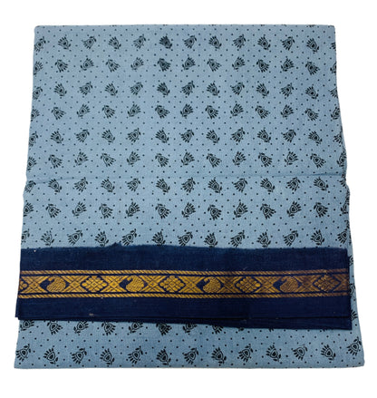 9 yards Cotton Saree Gray Colour with Navy Blue Border