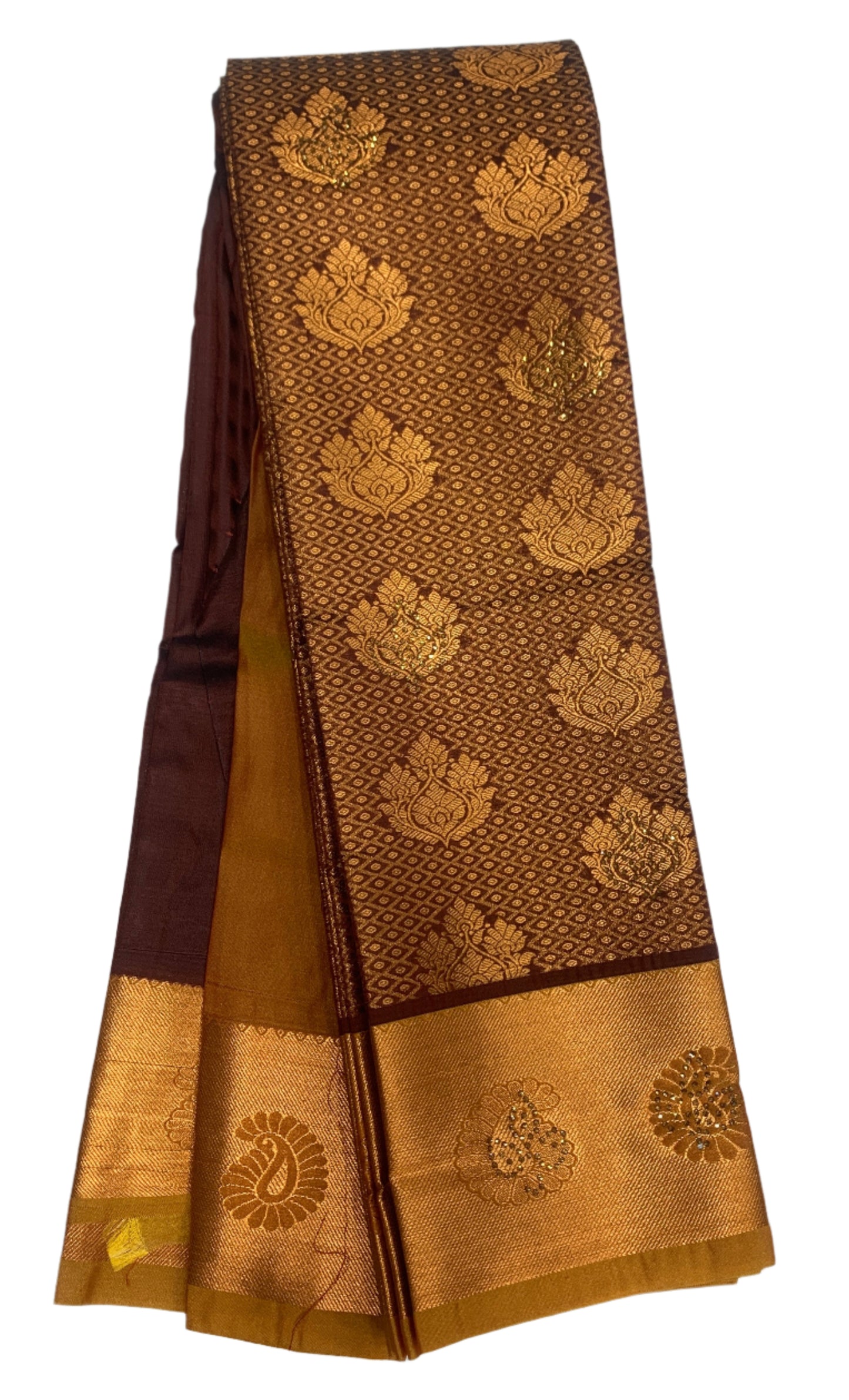 Vegan Silk Saree Brown Colour with Copper and Mustard Border