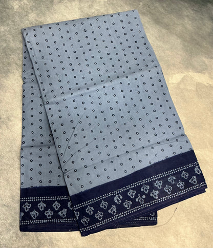 Chettinad Sungudi Cotton Gray Colour with Navy Blue Colour Border