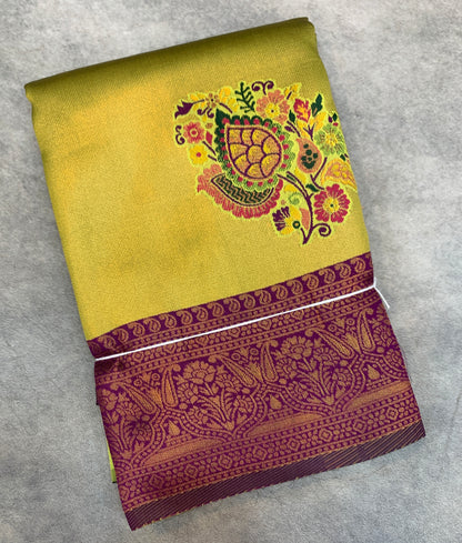 Fancy Tissue Saree Lime Green Colour with Magenta Border