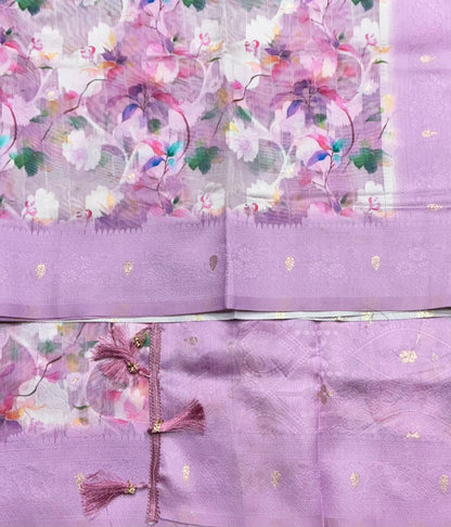 Digital Print Cotton Saree Lavender Colour with Floral Pattern