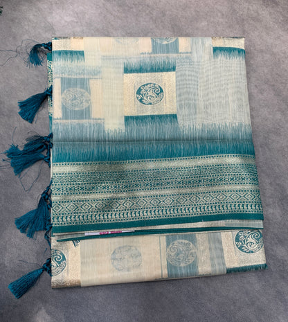 Banaras Katan Saree Off White Colour with Sapphire Katan Work Border