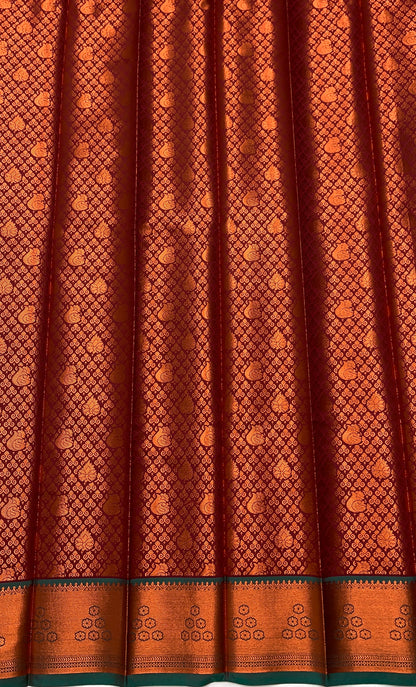 Vegan Silk Saree Maroon Colour with Copper and Green Border