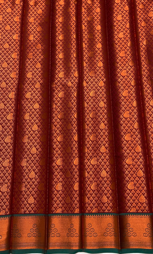 Vegan Silk Saree Maroon Colour with Copper and Green Border