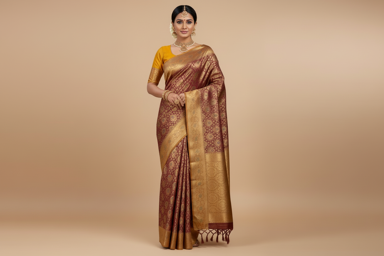 Bridal Vegan Silk Saree Maroon shade with Golden Yellow Border with Unstitched blouse in Aari Work