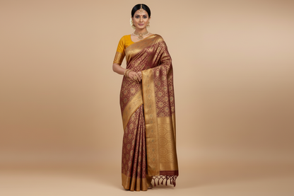 Bridal Vegan Silk Saree Maroon shade with Golden Yellow Border with Unstitched blouse in Aari Work