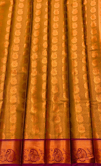 Vegan Silk Saree Golden Yellow Colour with Copper and Pink Border