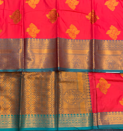 Soft Silk Casual Saree Peach Pink Colour with Rama Green and Golden Colour Border