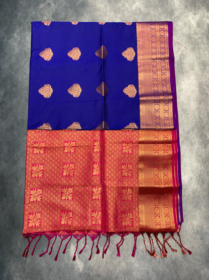 Soft Vegan Silk Saree Blue Colour with Pink and Copper Border
