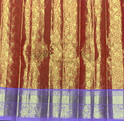 Reddish Orange Shade Pure Kanchipuram Kids Pattu Pavadai with Contrast Border for Newborn to 2 Years