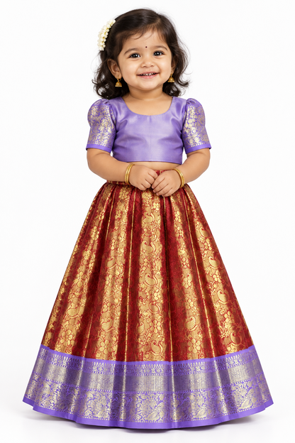 Reddish Orange Shade Pure Kanchipuram Kids Pattu Pavadai with Contrast Border for Newborn to 2 Years