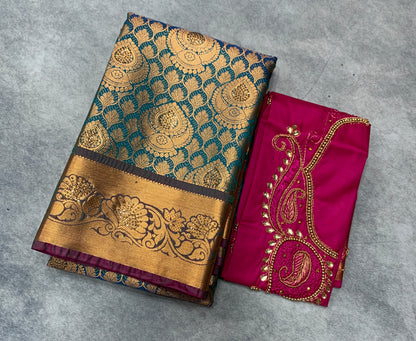 Bridal Vegan Silk Saree Rama Blue Colour with Pink Border with Unstitched blouse in Aari Work