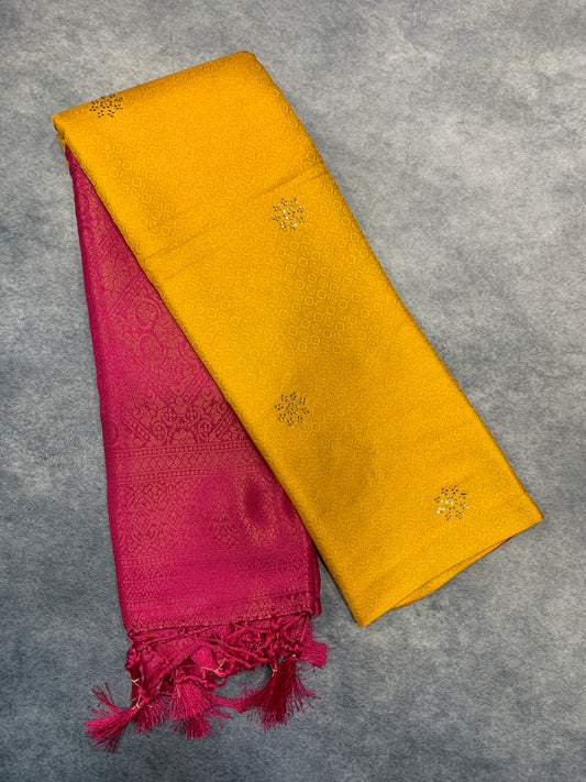 Soft Silk Saree Yellow Colour with Pink Pallu