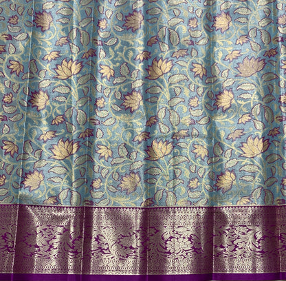 Sky Blue Shade Vegan Silk Kids Pattu Pavadai with Contrast Border for Newborn to 2 Years