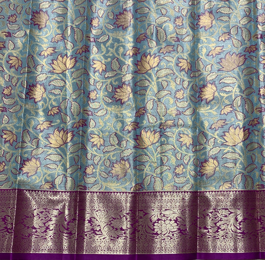 Sky Blue Shade Vegan Silk Kids Pattu Pavadai with Contrast Border for Newborn to 2 Years