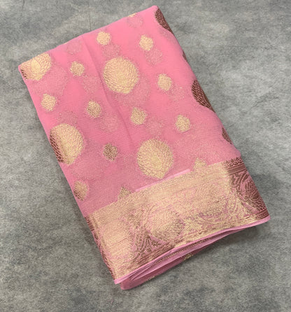 Georgette Saree Baby Pink Colour with Sliver Floral Design Border