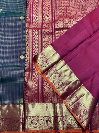 Pure Kanchipuram Silk Saree Dual Tone Colour with Korvai Metallic Golden zari Border