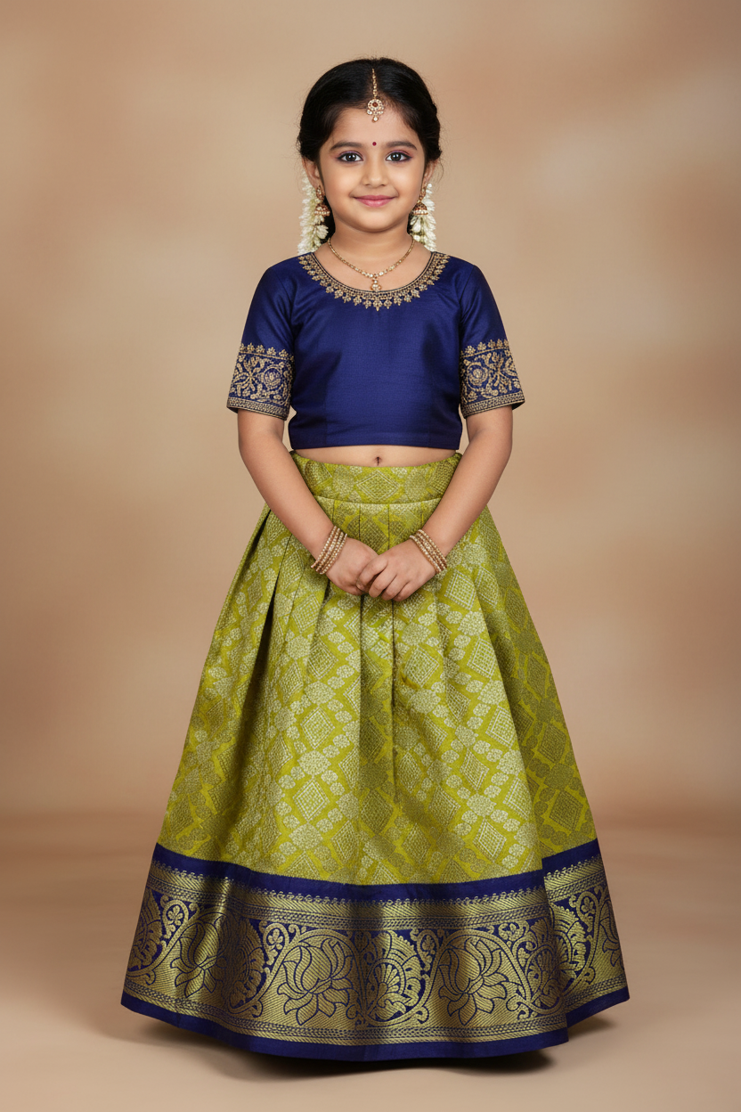 Mustard Shade Vegan Silk Kids Pattu Pavadai with Contrast Border for Newborn to 2 Years