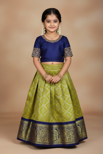 Mustard Shade Vegan Silk Kids Pattu Pavadai with Contrast Border for Newborn to 2 Years