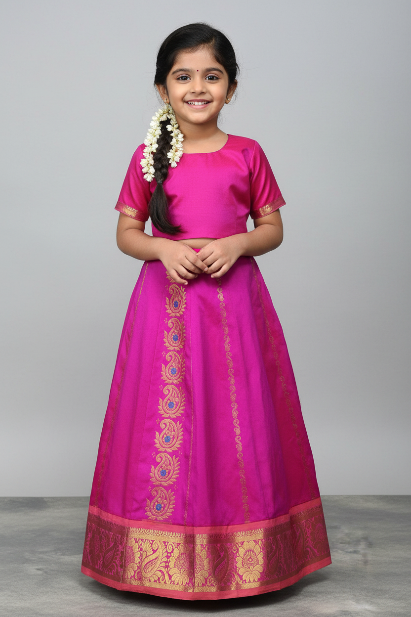 Pink shade Semi silk Kids Pattu Pavadai with Contrast border for age 5 to 10