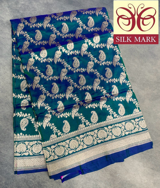 Pure Banaras Silk Saree Peacock Green(Dual Tone )Colour