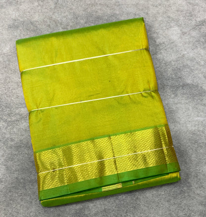 9X5 Pure Silk Dhoti Parrot green with Large Golden Zari Border